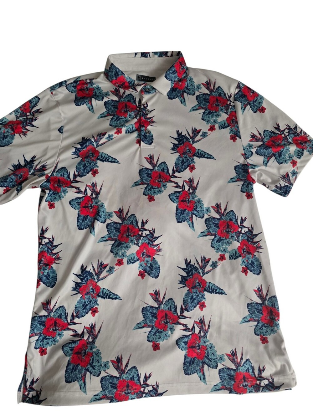 PGA Tour White Polo with Red & Teal Floral Print